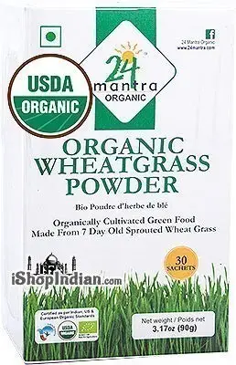 24 Mantra Organic Wheat Grass Powder - 30 Sachets (3.17 oz box)