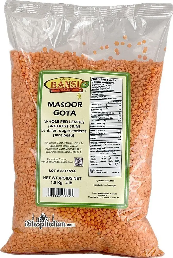 Bansi Masoor Gota - Whole Red Lentils (Without Skin) - 4 lbs (4 lbs bag)