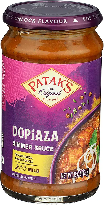 Patak's Dopiaza Curry Simmer Sauce (Tomato, Onion & Cumin - Mild) (15 oz bottle)
