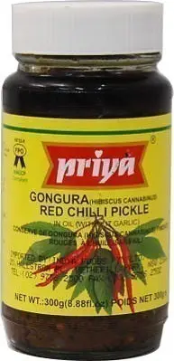 Priya Gongura Red Chili Pickle without Garlic (300 gm bottle)