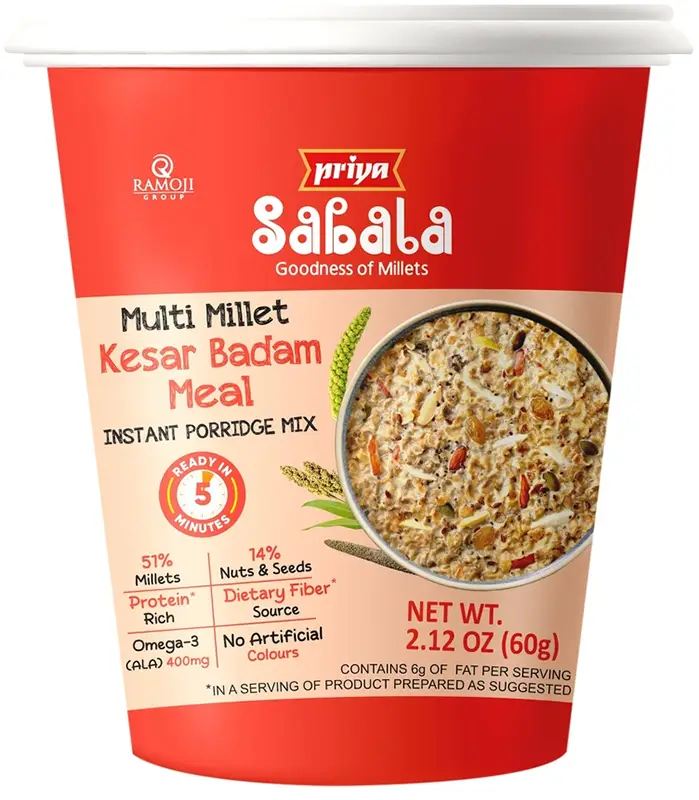 Priya Sabala Multi Millet Kesar Badam Meal Instant Cup (Instant Meal Cups - Just Add Hot Water!)
