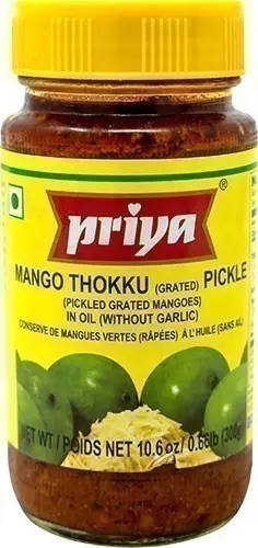 Priya Thokku (Shredded) Mango Pickle without Garlic (300 gm bottle)